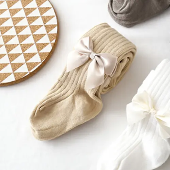 Beżowe Rajtuzy Prążkowane Rajstopki Prążek Rajstopy Dziecięce Z Kokardkami 4-6L