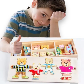 Drewniana Układanka Rodzina Misie Garderoba Emocje Montessori Pudełko 72 elementy