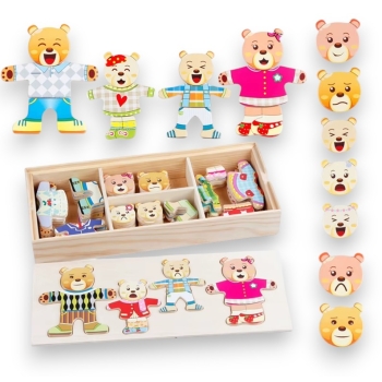 Drewniana Układanka Rodzina Misie Garderoba Emocje Montessori Pudełko 72 elementy