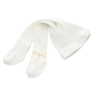 Ecru Białe Rajtuzy Prążkowane Rajstopki Prążek Rajstopy Dziecięce Z Kokardkami  8-12L