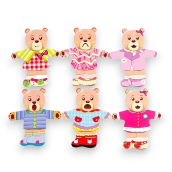 Drewniana Układanka Rodzina Misie Garderoba Emocje Montessori Pudełko 72 elementy