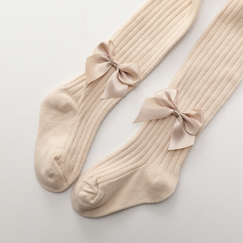 Beżowe Rajtuzy Prążkowane Rajstopki Prążek Rajstopy Dziecięce Z Kokardkami 6-12Mcy