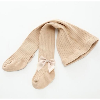 Beżowe Rajtuzy Prążkowane Rajstopki Prążek Rajstopy Dziecięce Z Kokardkami 6-12Mcy