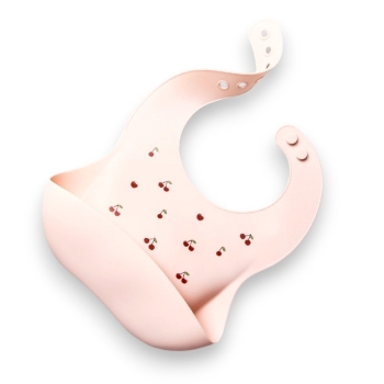 Elastyczny Śliniak Silikonowy Wisienki  Z Miseczką Śliniaczek Z Kieszonką  Miękki Wodoodporny Zmywalny